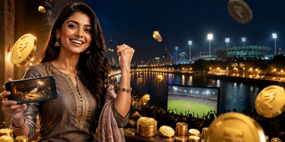 Young Indian woman registering on mobile betting app by Ahmedabad riverfront