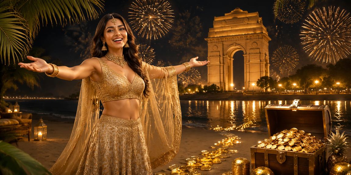 Scenic view of India Gate with a young woman playing betting games on her mobile