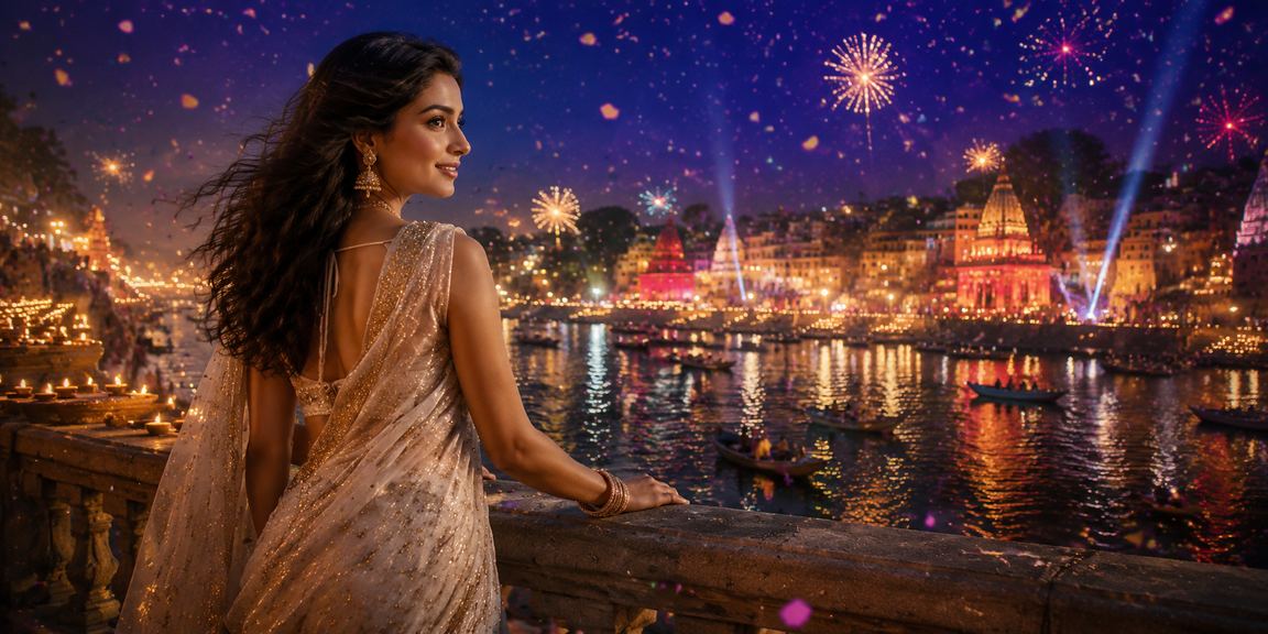 Woman playing Rummy on mobile device at Varanasi ghat during evening